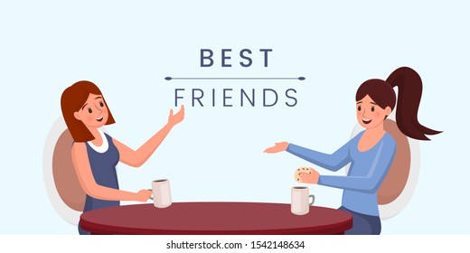 Best friends flat vector banner template. Young girls drinking coffee, chatting cartoon characters. Female friendship concept, pleasant pastime, weekend relaxation idea poster design