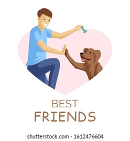 Best friends flat vector illustration. Guy and puppy playing together in heart shaped frame. Positive emotions, friendship, young boy with pet in border cartoon character isolated on white background