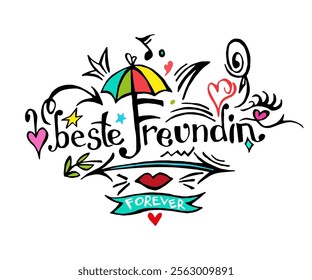 Best friends forever calligraphy text. Red and pink heart shapes. Vector illustration design background.