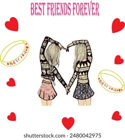 Best friends forever card. White background with red hearts and friendship bands.