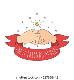 Best friends forever cartoon style fists with crown and red ribbon. Hands vector illustration.