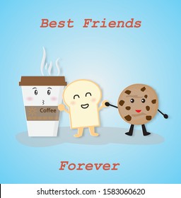 Best friends forever with coffee,bread and cookie cute cartoon,vector illustration paper art style.