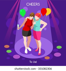 Best Friends Forever. College Party. Cotillion. Girls Selfie. Informal Event. Interacting People Unique Isometric Realistic Poses. 3D Flat Vector Set. Cheers to Us. Special Event Startup Milestone