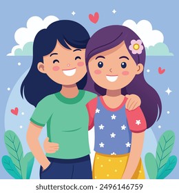 Best Friends Forever: A Colorful Illustration. Two animated female figures embrace in a friendly hug, their smiles radiating joy. 