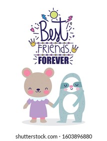 best friends forever cute bear and sloth holding hands vector illustration