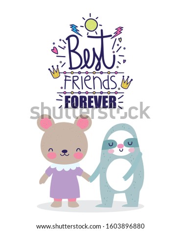 best friends forever cute bear and sloth holding hands vector illustration