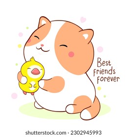 Best friends forever. Cute fat kitten hugs duckling friend. Can be used for design of t-shirt, poster, print, card. Vector illustration EPS8