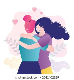 Best Friends Forever. Cute Homosexual Couple Hugging. Women Hug Each Other. Female Friendship. Meeting With Loved One. Lovers Together With Smiling Faces. Flat Vector Illustration