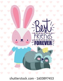 best friends forever cute rabbit and raccoon hearts background vector illustration