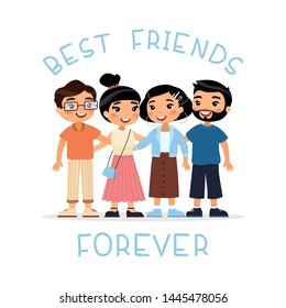 Best friends forever. Four asian young women and young men friends hugging. Funny cartoon character. Vector illustration. Isolated on white background.