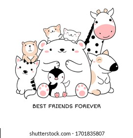 Best friends forever. Group of cute animals in kawaii style. Isolated on white background. Vector illustration for design of t-shirts, posters, prints, cards and other uses. EPS8