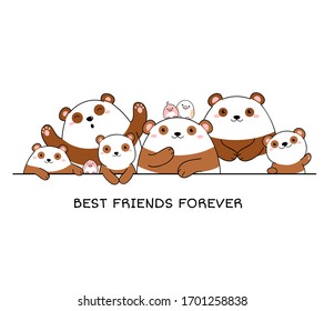 Best friends forever. Horizontal border with cute pandas in kawaii style. Isolated on white background. Vector illustration for design of t-shirt, poster, print, card. EPS8