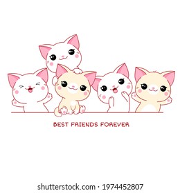 Best friends forever. Horizontal border with cute cats in kawaii style. Isolated on white background. Vector illustration for design of t-shirt, poster, print, card. EPS8