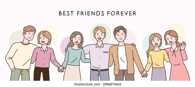 Best friends forever. Many people are shoulder-to-shoulder and holding hands. flat design style vector illustration.