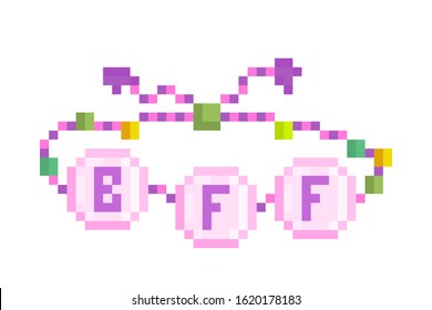 Best friends forever, pink braided bracelet decorated with green and yellow beads, pixel art icon isolated on white background. 8 bit old school vintage retro slot machine/video game graphics.