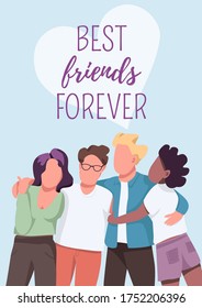 Best friends forever poster flat vector template. Friendship and unity. Group dynamic. Brochure, booklet one page concept design with cartoon characters. Multicultural community flyer, leaflet