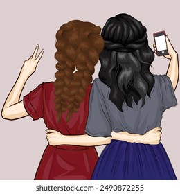 Best friends forever. Two girls having fun, making selfie. Two friends standing backwards, hugging, making selfie on smartphone. Women takes a photo, shows peace, victory gesture. 