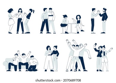 Best friends. Friendly people group, friend woman and man. People spend time together, drink coffee, support and hugging. Friendship recent vector scenes