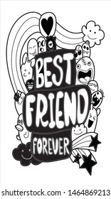 Best Friends Funny Cartoon Doodle Set.Happy Friendship Day. Vector Hand Drawn Color Illustration Pattern.