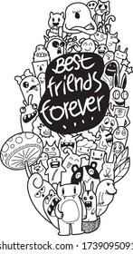 Best Friends Funny Cartoon Doodle Set.Happy Friendship Day. Vector Hand Drawn Color Illustration Pattern.