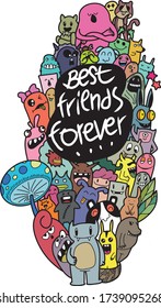 Best Friends Funny Cartoon Doodle Set.Happy Friendship Day. Vector Hand Drawn Color Illustration Pattern.
