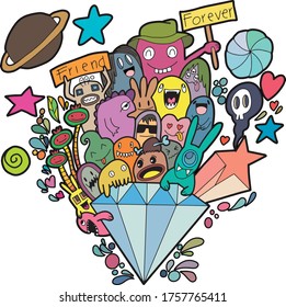Best Friends Funny Cartoon Doodle Set.Happy Friendship Day. Vector Hand Drawn Color Illustration Pattern.