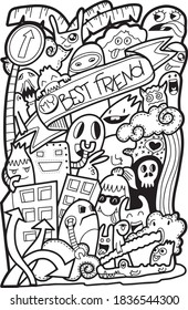 Best Friends Funny Cartoon Doodle Set.Happy Friendship Day. Vector Hand Drawn Color Illustration Pattern. 