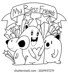 Best Friends Funny Cartoon Doodle Set.Happy Friendship Day. Vector Hand Drawn Cute background. coloring book Vector illustration