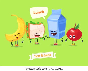 Best friends. Funny characters banana sandwich milk and apple. Funny food. Vector cartoon illustration. Cute stylish characters. Vector stock illustration.