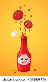 Best friends. Funny characters tomato and bottle of ketchup. Funny food. Vector cartoon illustration. Cute stylish characters. Vector stock illustration.