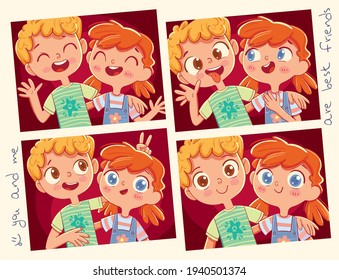 Los mejores amigos. Niña y niño posando juntos. Conjunto de fotos. Caricatura divertida. Ilustración vectorial. Aislado sobre fondo blanco