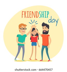 Best friends girl and boys spend fun time, friendship day flat design. Guys and woman dressed in T-shirts clapping hands together above heads. Vector illustration banner in cartoon style