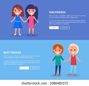 Best friends girlfriends and boyfriends posters of active kids vector set. Happy infants holding hands with place for text on blue web banner