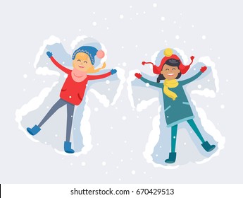 Best friends girls in cute winter clothes, make snow angels and have good time lying on snow with snowflakes. Vector illustration of friendship and spending time together. Winter holiday concept