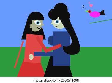 best friends girls hugging each other, bird singing song near