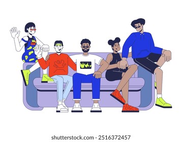 Best friends group sitting on couch 2D cartoon characters. Multicultural young adults isolated people flat vector on white background. Friendship women men roommates. Spot illustration colorful