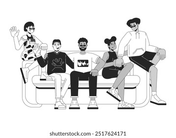 Best friends group sitting on couch black and white 2D line characters. Multicultural young adults isolated vector outline people. Friendship women men roommates. Monochromatic spot illustration