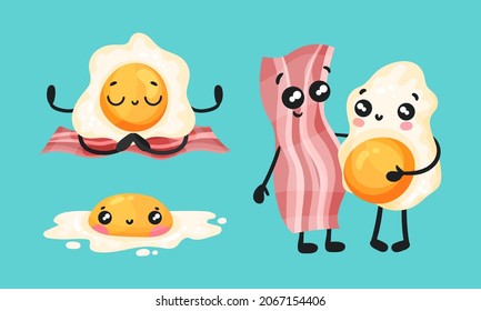 Best friends, ham and fried egg funny breakfast haracters set vector illustration