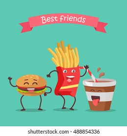 Best friends hamburger, fries and soda dancing. Funny food story conceptual banner. Fresh cooked food characters in cartoon style on disco. Happy meal for children. Childish menu poster. Vector