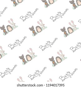 Best friends: . Hand drawn seamless pattern with bear, bunny and hedgehog with bushes and handwritng text. Perfect for nursery fabric, wrapping paper, wallpaper or web background