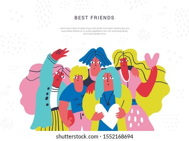 Best friends hand drawn vector banner template. Happy teenagers, school children cartoon characters. Teamwork cooperation concept with text space. Friendship and togetherness poster idea