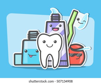 Best friends of healthy teeth. Dental and oral hygiene concept. Toothcare things. Toothpaste, floss, mouthwash, toothbrush, tooth. Funny vector illustration.