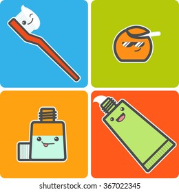 Best friends of healthy teeth. Home toothcare things. Toothbrush, floss, mouthwash, toothpaste. Funny vector illustration.