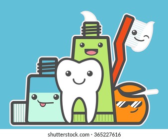 Best friends of healthy tooth. Hygiene concept. Toothcare things. Toothpaste, floss, mouthwash, toothbrush, tooth. Funny vector illustration.