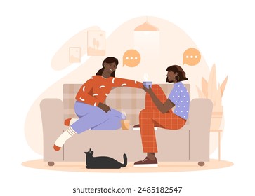 Los mejores amigos en casa. Mujeres sentadas en el sofá con café o té. Charlar y comunicarse en interiores. Cotilleos amistosos y conversación. Ilustración vectorial plana aislada sobre fondo blanco