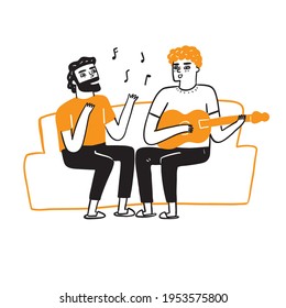 Best friends or homosexuals are singing and playing guitar