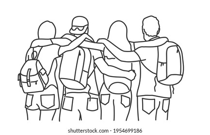 Best friends hugging with backpacks on their shoulders. Back view. Tourism concept. Hand drawn vector illustration.