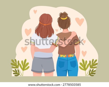 Best Friends Hugging Together Back View Flat Cartoon Vector Illustration