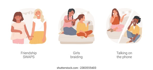 Best friends isolated cartoon vector illustration set. Friendship SWAPS, kids swapping DIY craft, girls braiding each other, braid hairstyle, talking on the phone in bedroom vector cartoon.