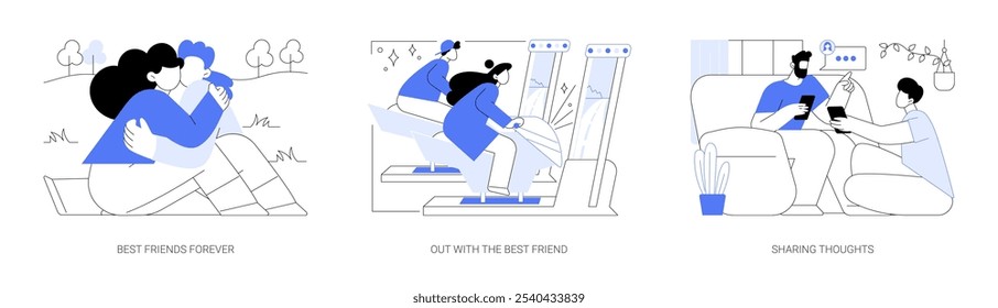 Best friends isolated cartoon vector illustrations set. Beautiful girls hugging and smiling, going out with a friend, having fun together, sharing news, guys looking at smartphone vector cartoon.